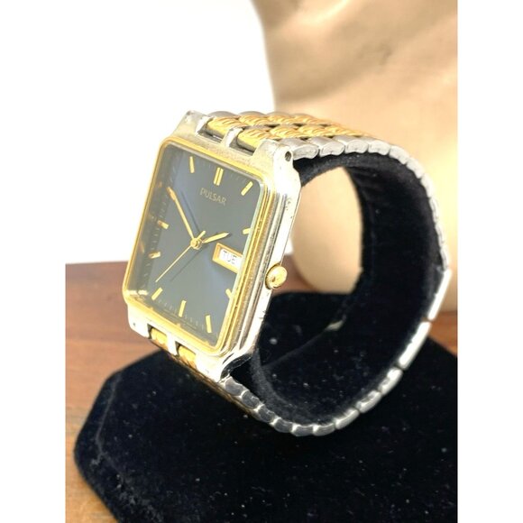 Pulsar By Seiko Watch V733-5000 Quartz Tank Vintage Blue Dial Two Tone Steel - Picture 2 of 13